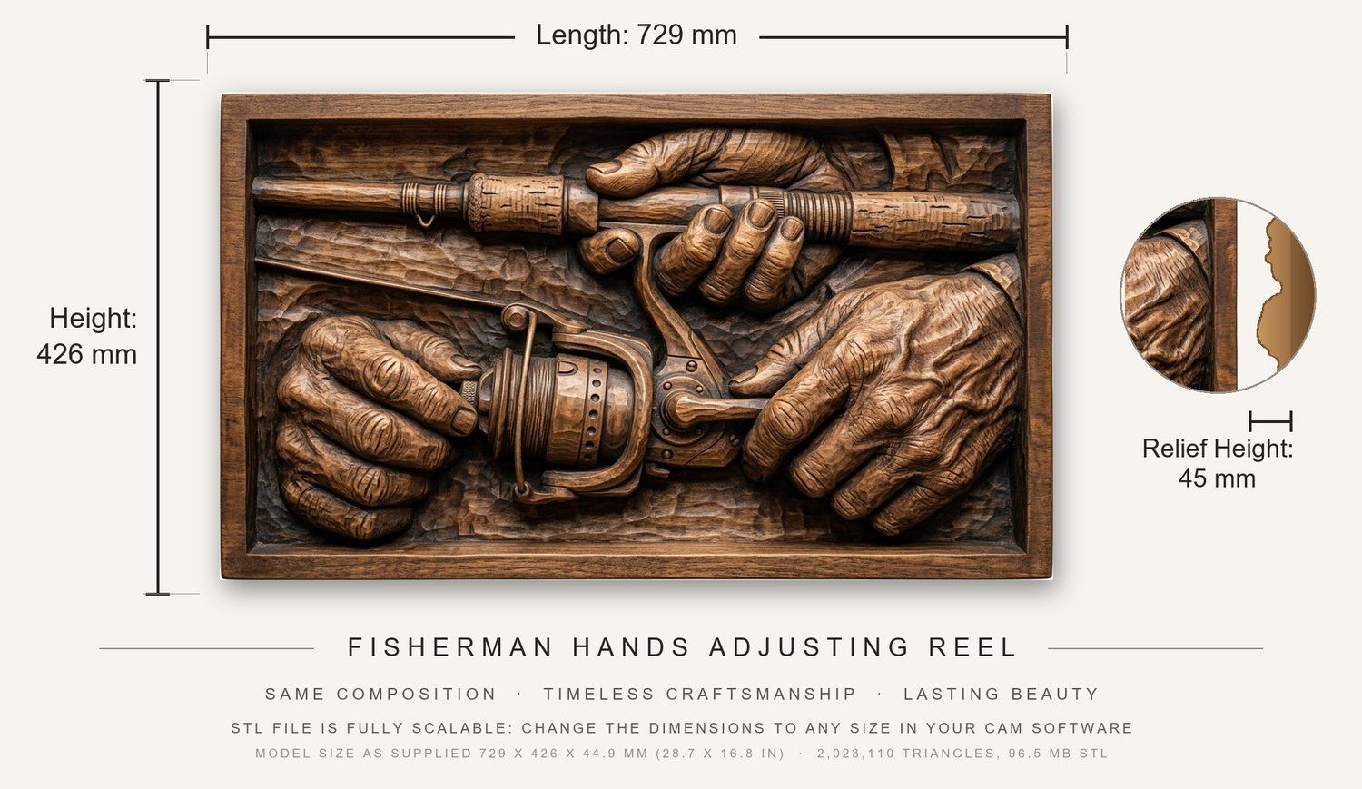 Fisherman Hands Adjusting Reel CNC Relief STL bas-relief STL — view 3