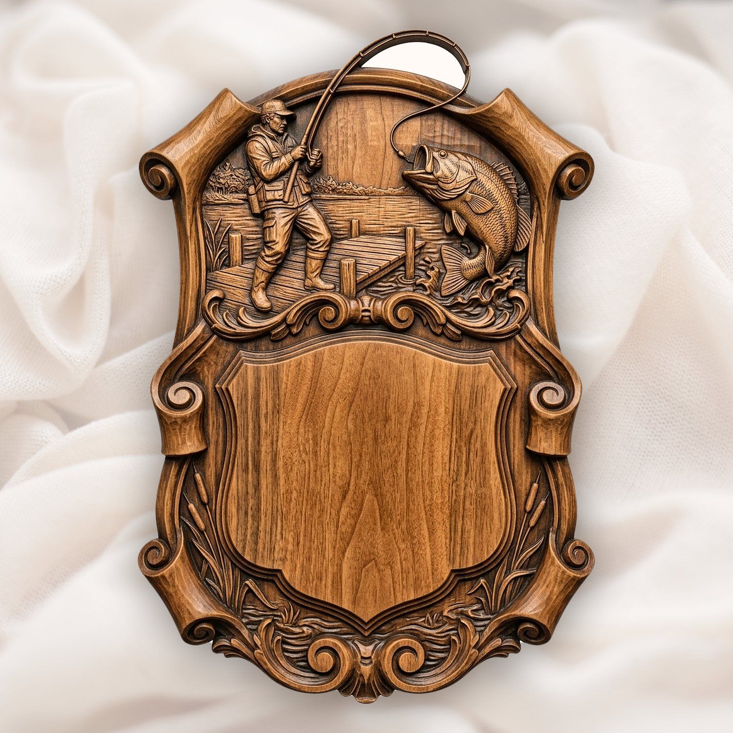 Fisherman Hooking Bass Trophy Shield CNC Relief STL bas-relief STL design