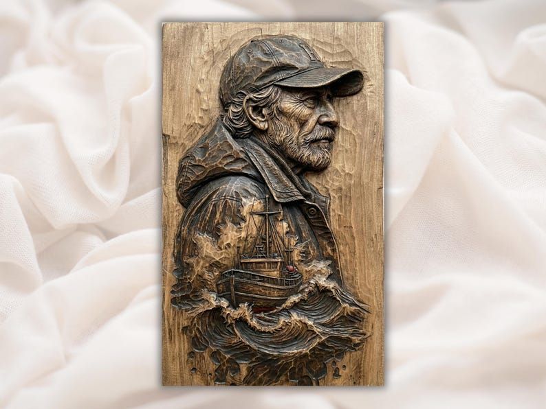 Bas-relief wood carving of an old fisherman in a cap with a fishing boat riding ocean waves below