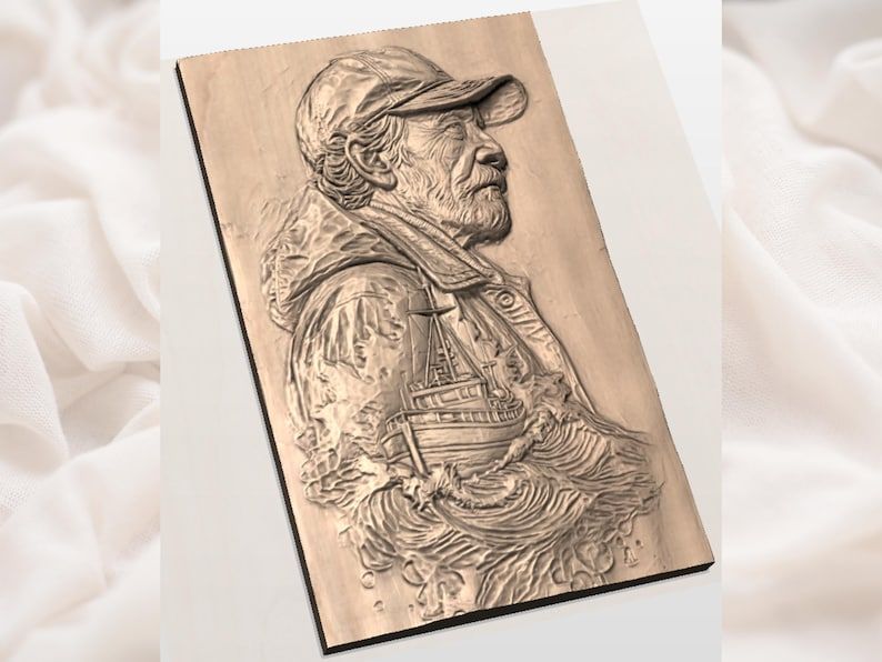 Old Fisherman and Storm-Tossed Boat Bas-Relief STL bas-relief STL — view 2