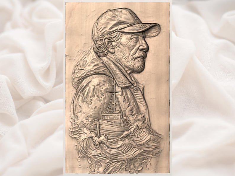 Old Fisherman and Storm-Tossed Boat Bas-Relief STL bas-relief STL — view 3