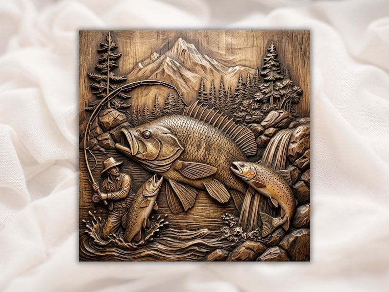 Carved wood relief of a bass and trout in a mountain river with pines, peaks, and a fly fisherman.