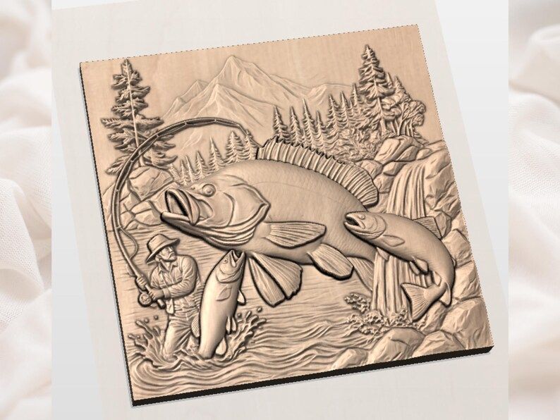 Mountain River Fishing Scene STL: Bass, Trout, and Angler Relief bas-relief STL — view 2