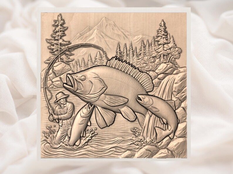 Mountain River Fishing Scene STL: Bass, Trout, and Angler Relief bas-relief STL — view 3