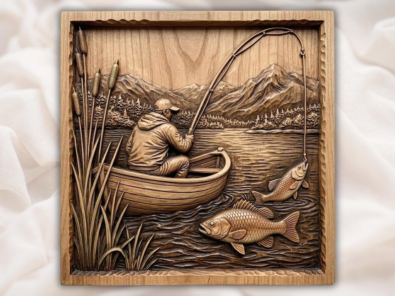 Carved wood relief of an angler in a rowboat fishing a mountain lake with cattails and two large fish