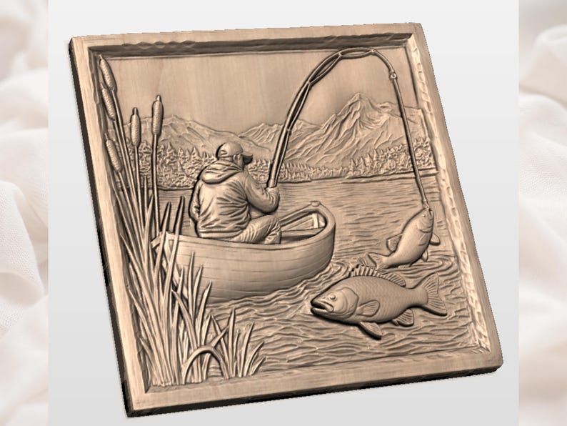 Angler in a Rowboat Lake Fishing Scene Bas-Relief STL bas-relief STL — view 2