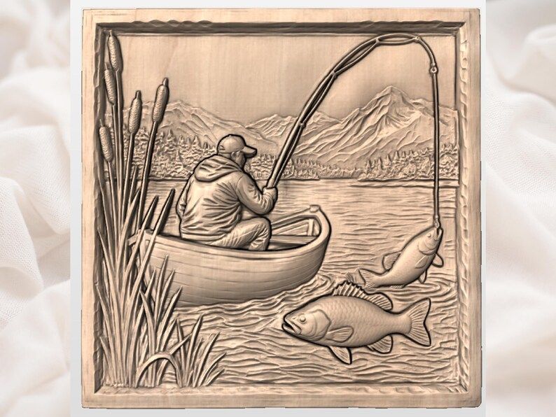 Angler in a Rowboat Lake Fishing Scene Bas-Relief STL bas-relief STL — view 3