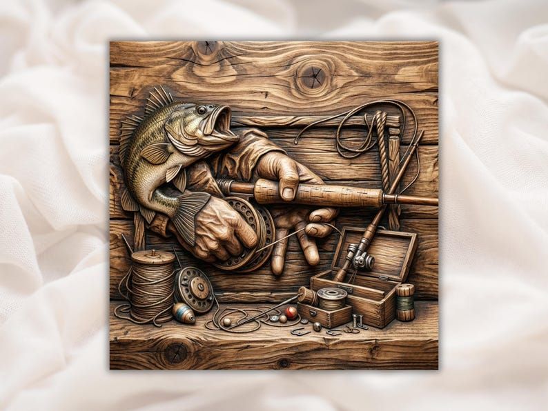 Bas-relief carving of a leaping bass, hands holding a fly rod and reel, with thread spools and an open tackle box on wood planks.