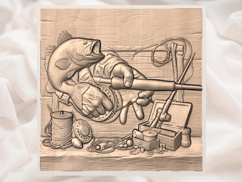 Bass Strike and Fly Reel Fishing Scene Bas-Relief STL bas-relief STL — view 2