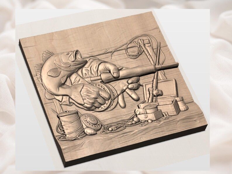 Bass Strike and Fly Reel Fishing Scene Bas-Relief STL bas-relief STL — view 3