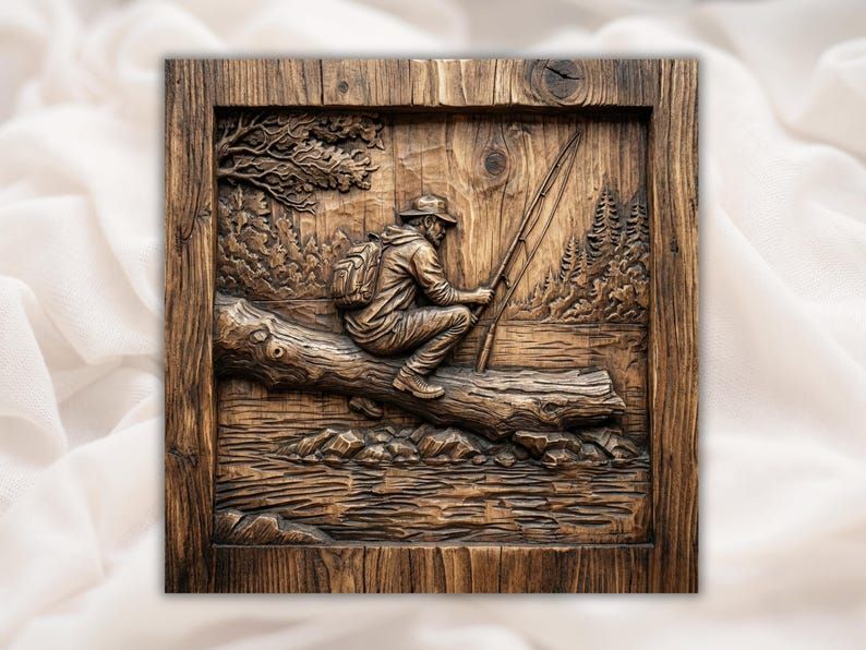Bas-relief carving of a fisherman sitting on a fallen log casting over a lake with pine trees behind