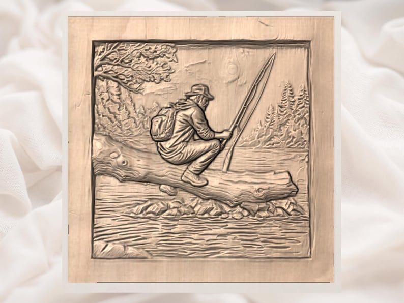 Angler on a Fallen Log STL, Lakeside Fly Fishing Relief Scene bas-relief STL — view 2