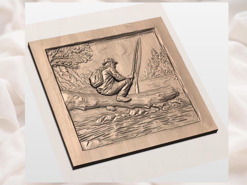 Angler on a Fallen Log STL, Lakeside Fly Fishing Relief Scene bas-relief STL — view 3