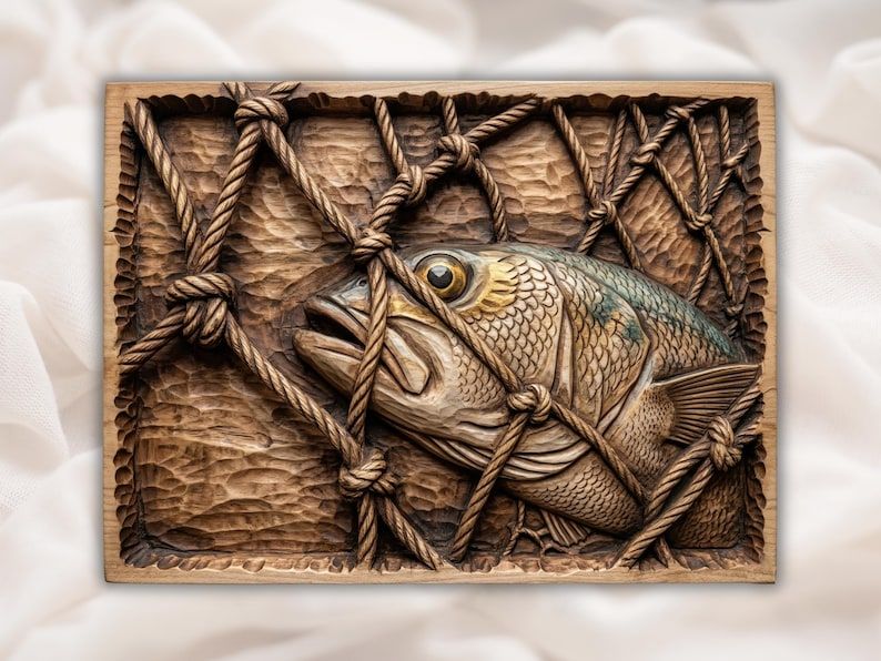 Bas-relief wood carving of a large fish caught in a knotted rope net on a chiseled background