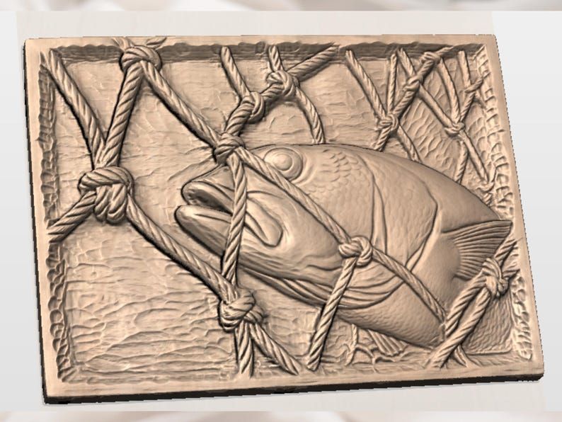 Trophy Fish Caught in Rope Net Bas-Relief STL Panel bas-relief STL — view 2