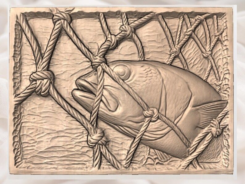 Trophy Fish Caught in Rope Net Bas-Relief STL Panel bas-relief STL — view 3