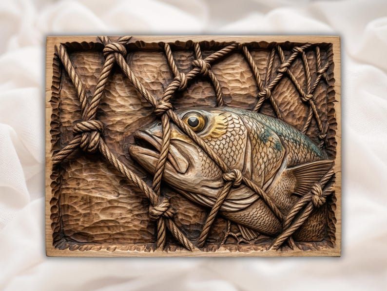 Trophy Fish Caught in Rope Net Bas-Relief STL Panel bas-relief STL design