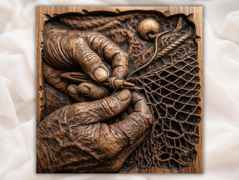 Carved wood bas-relief of weathered hands mending a fishing net with a netting needle and rope texture.