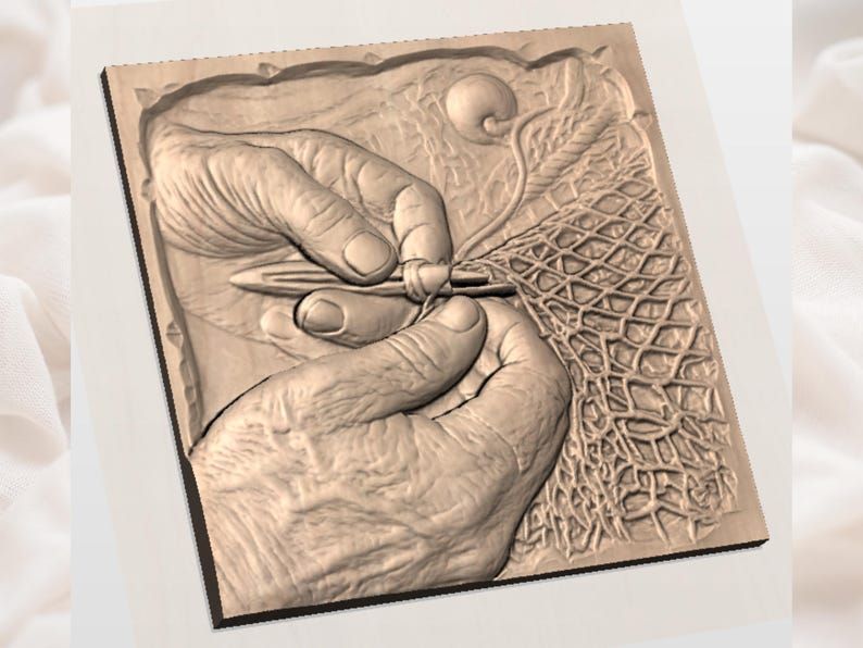 Weathered Hands Mending a Fishing Net Bas-Relief STL bas-relief STL — view 2