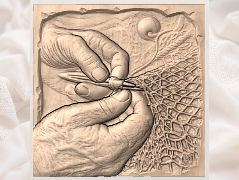 Weathered Hands Mending a Fishing Net Bas-Relief STL bas-relief STL — view 3