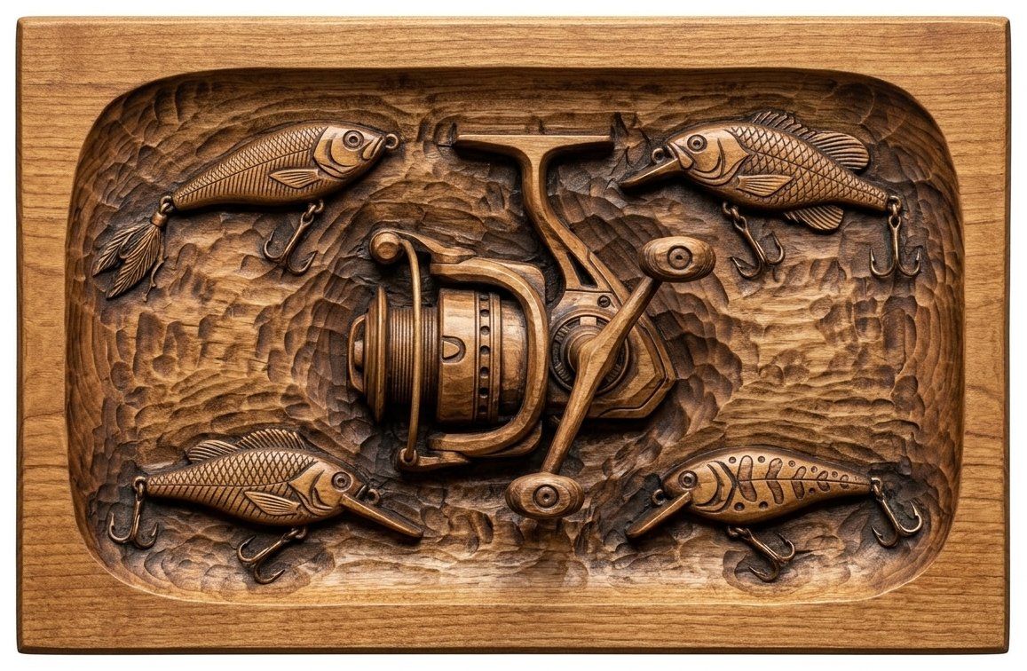 Fishing Reel and Lures Medallion CNC Relief STL bas-relief STL — view 14