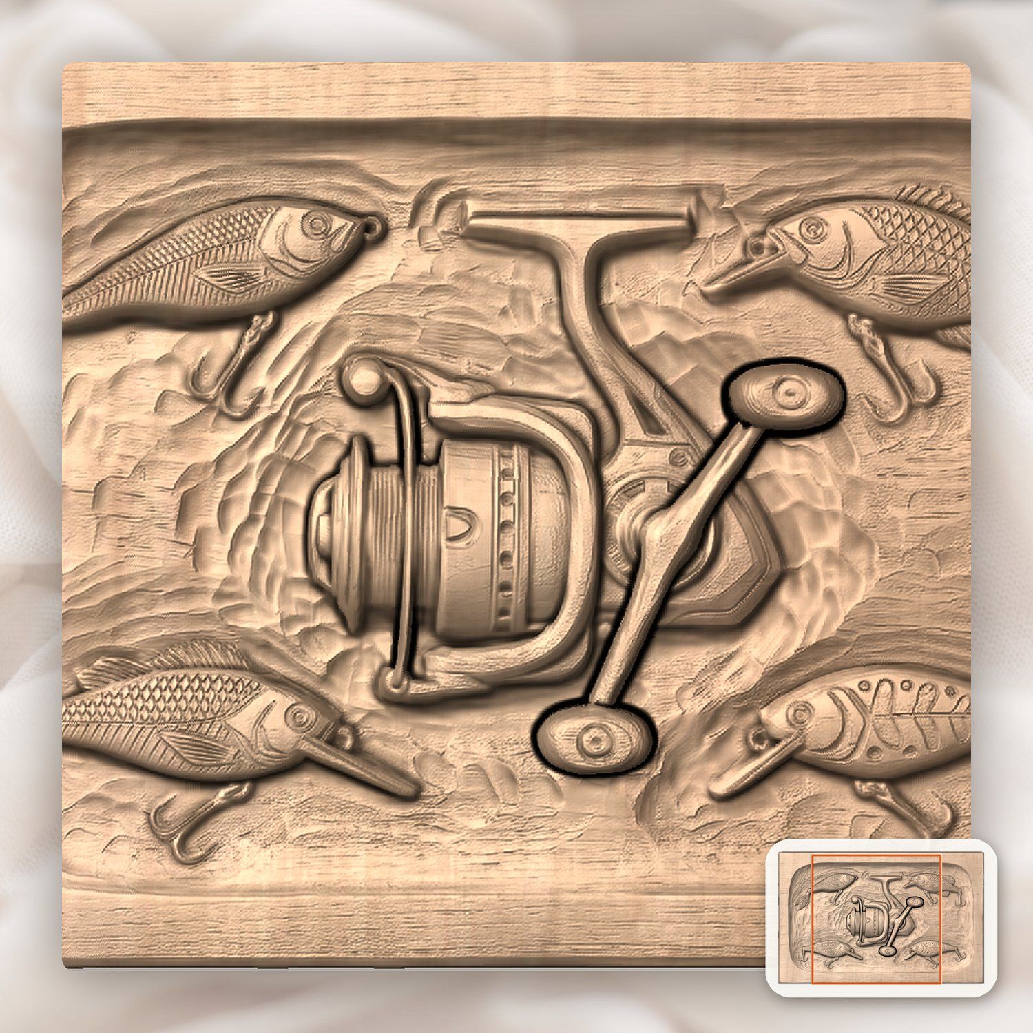 Fishing Reel and Lures Medallion CNC Relief STL bas-relief STL — view 6