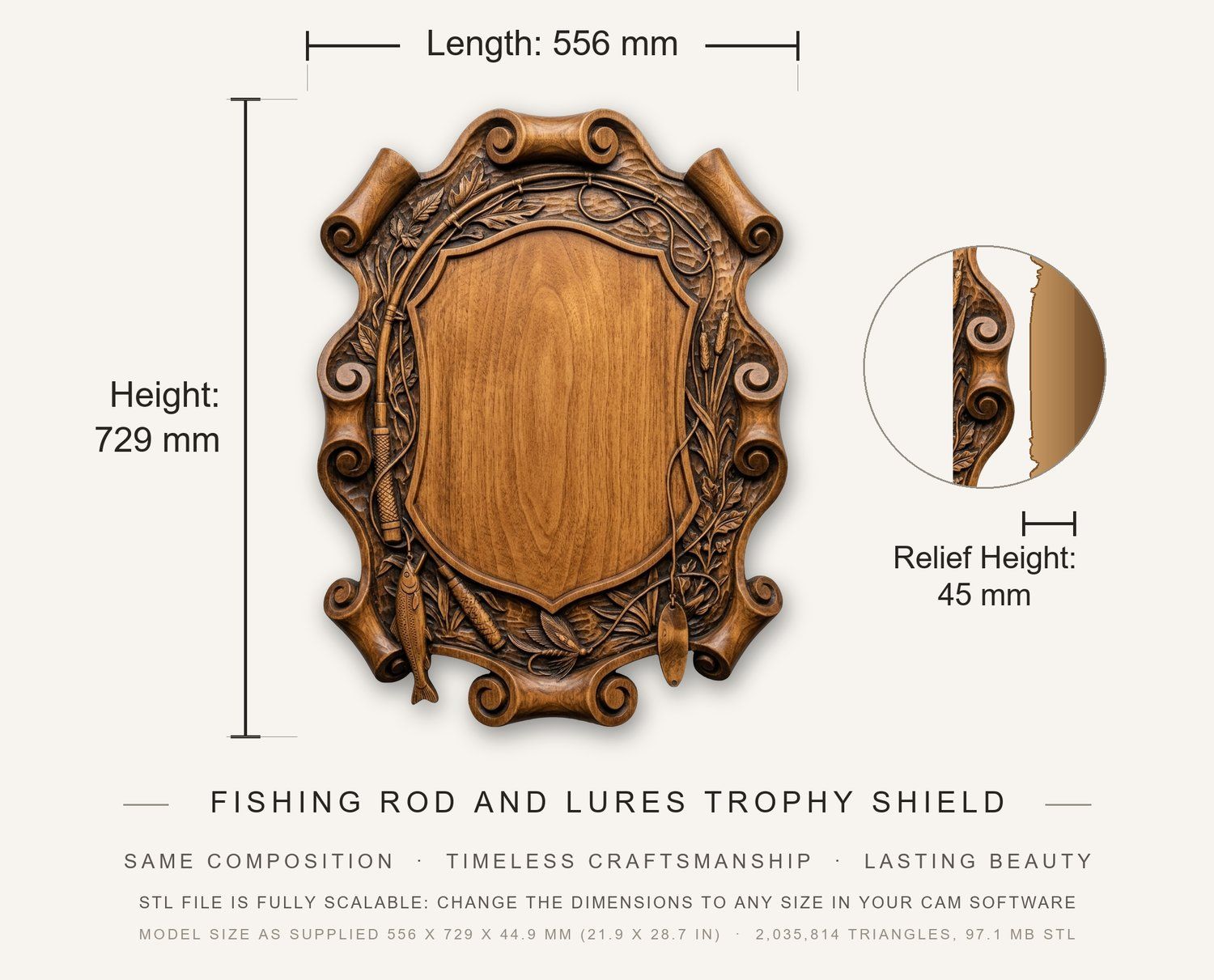 Fishing Rod and Lures Trophy Shield CNC Relief STL bas-relief STL — view 12