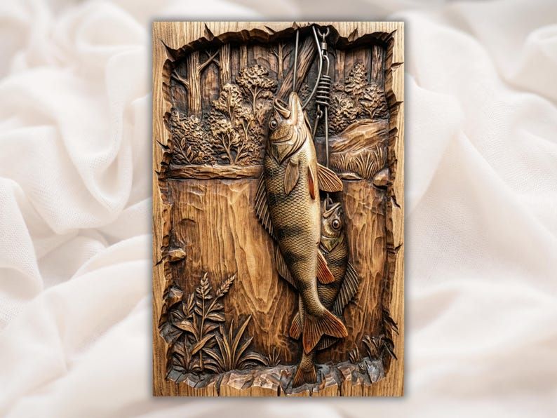 Carved wood relief of two fish hanging on a fishing hook with reeds and pine trees in a framed lakeside scene