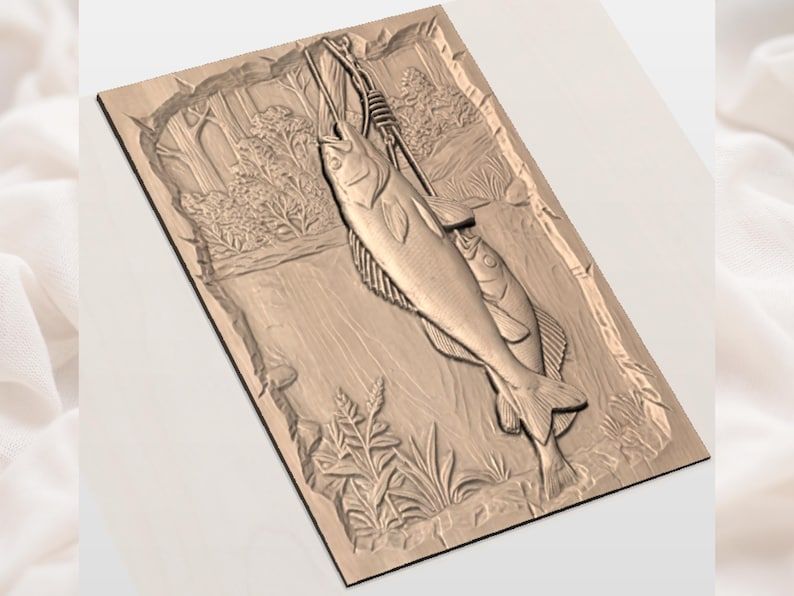 Two Fish on the Line Rustic Angler 3D Relief Carving bas-relief STL — view 2