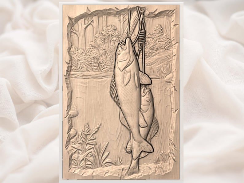 Two Fish on the Line Rustic Angler 3D Relief Carving bas-relief STL — view 3
