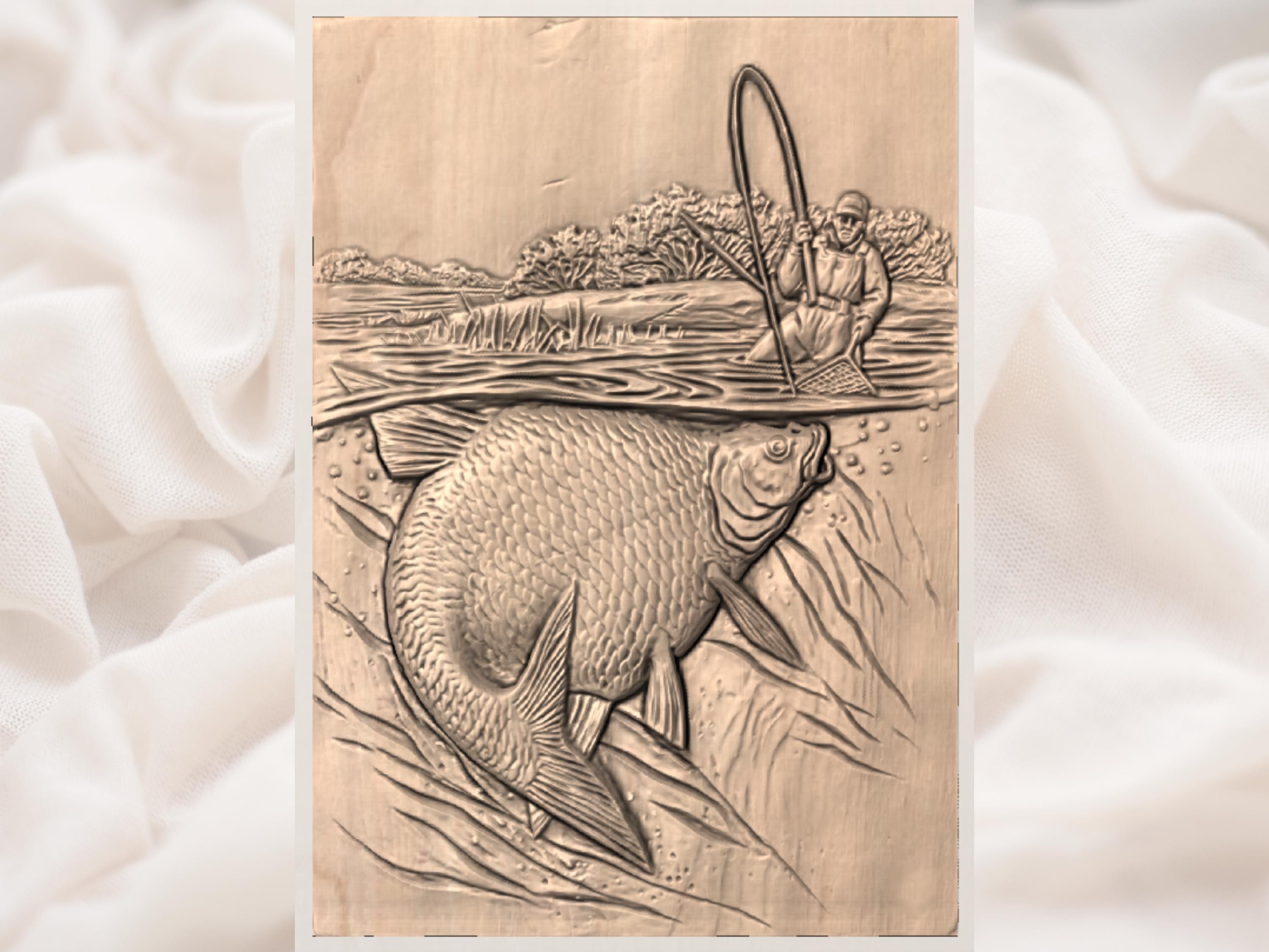 Angler Landing a Carp Bas-Relief STL for CNC and 3D Printing bas-relief STL — view 2