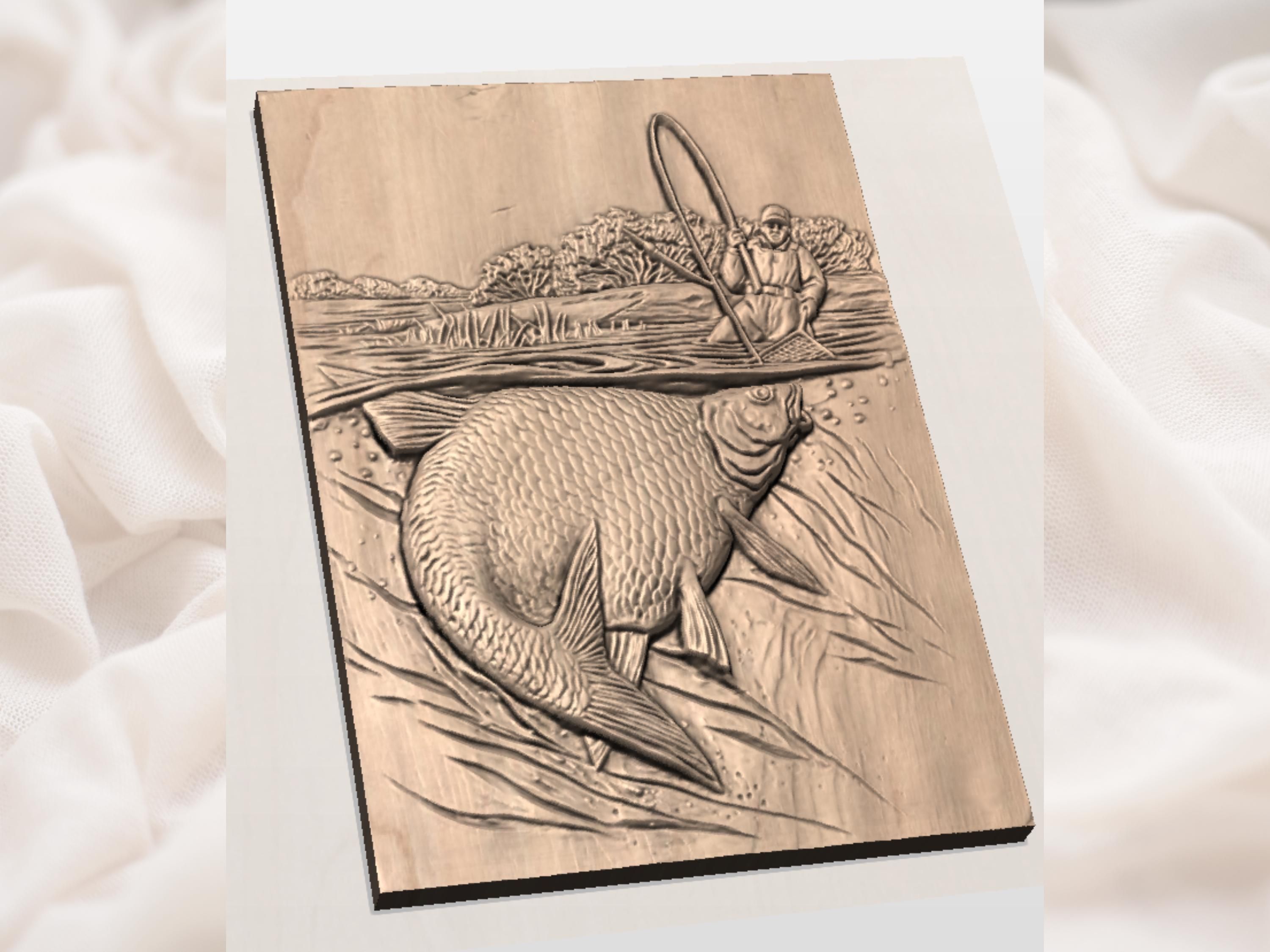 Angler Landing a Carp Bas-Relief STL for CNC and 3D Printing bas-relief STL — view 3