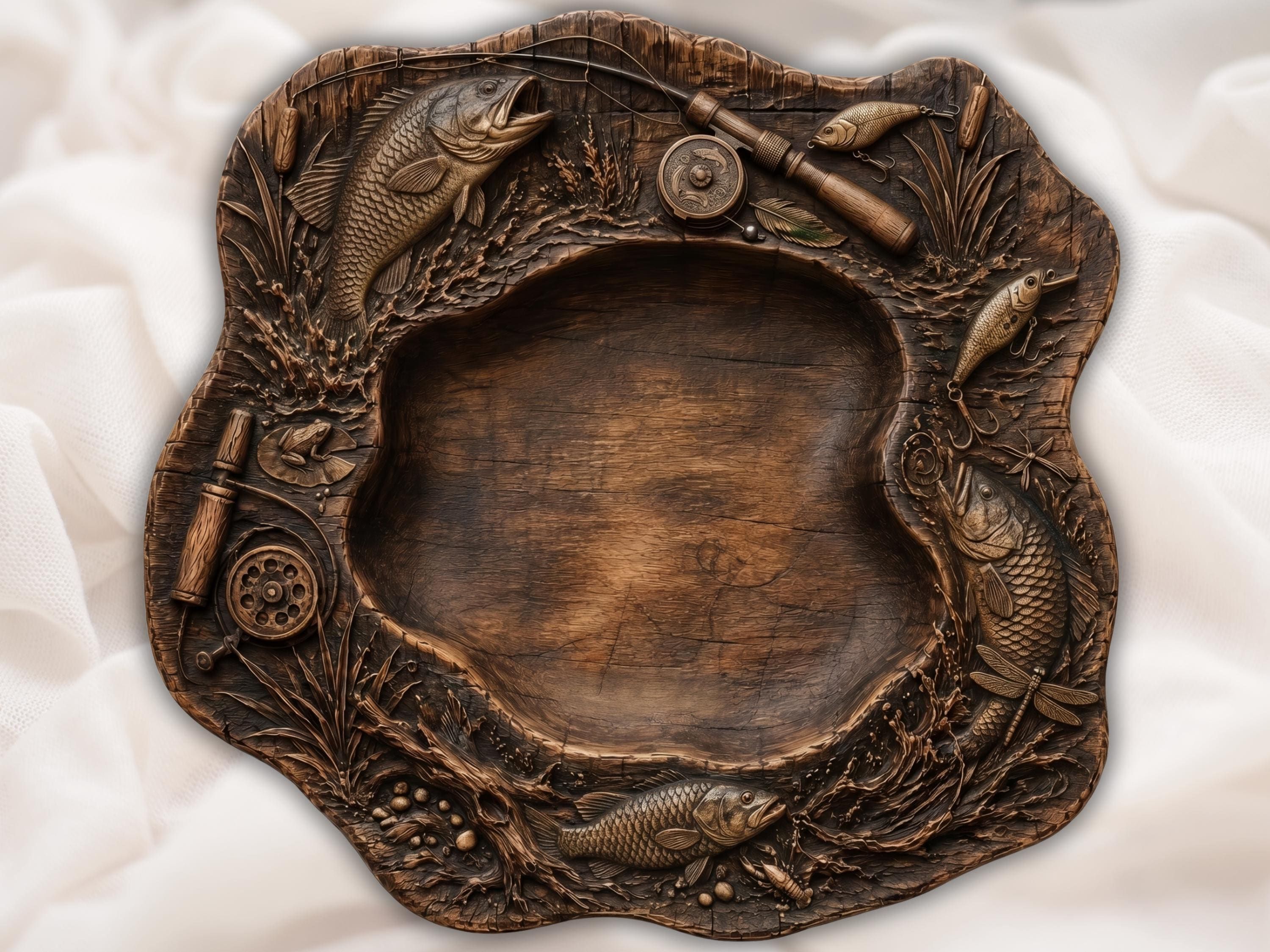 Carved wooden fishing platter with bass fish, reel, rod and tackle around a recessed serving center