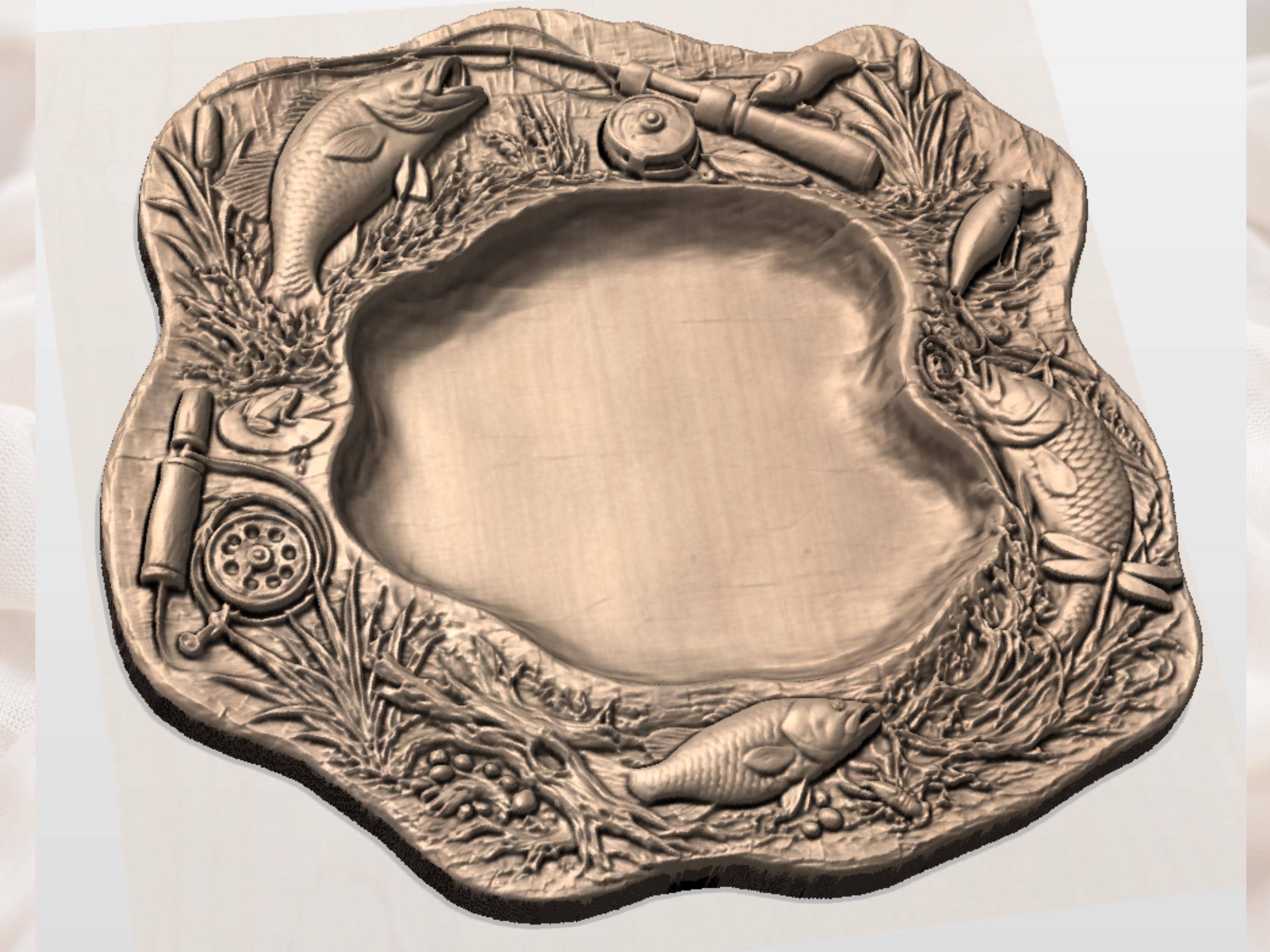 Rustic Fishing Platter STL with Bass, Reel and Tackle Relief bas-relief STL — view 2