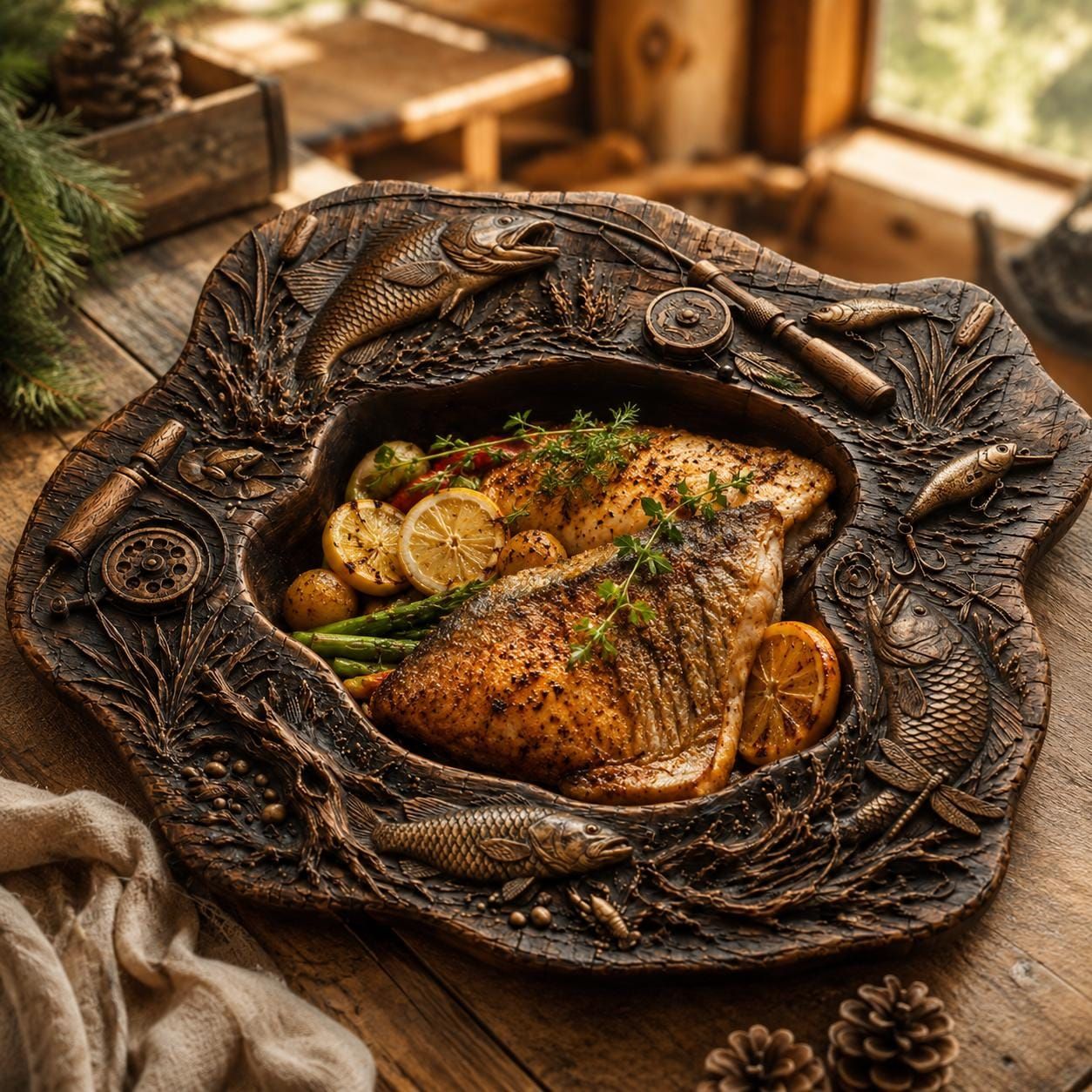 Rustic Fishing Platter STL with Bass, Reel and Tackle Relief bas-relief STL — view 3