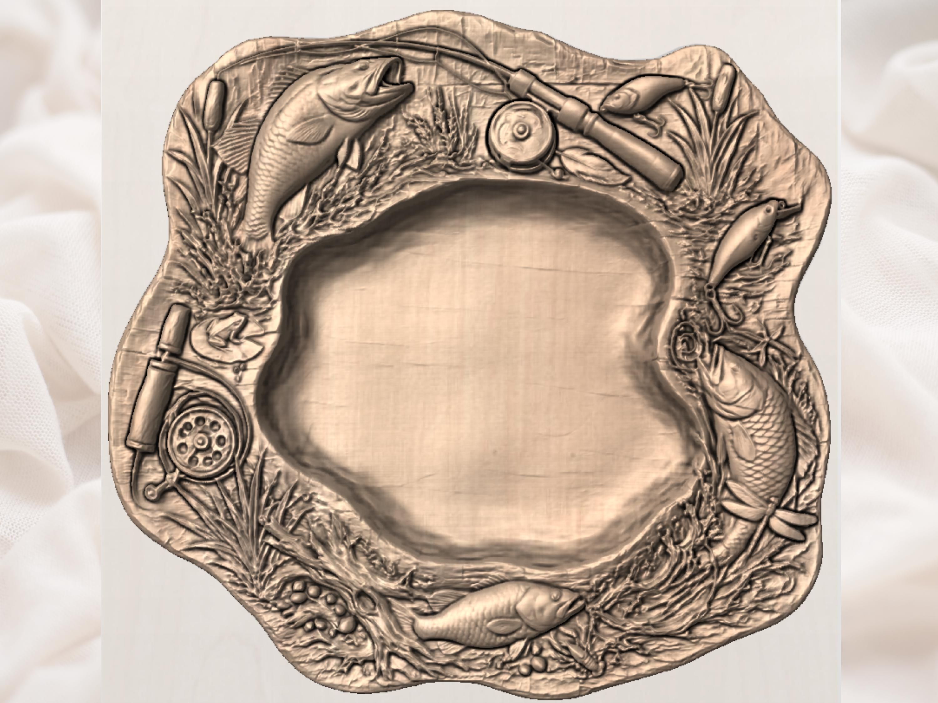 Rustic Fishing Platter STL with Bass, Reel and Tackle Relief bas-relief STL — view 4