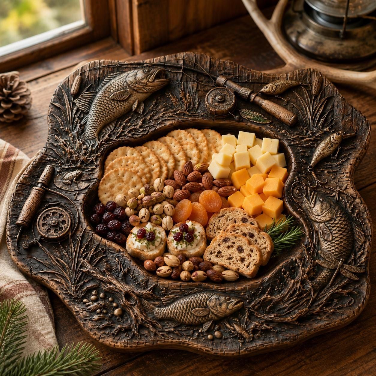 Rustic Fishing Platter STL with Bass, Reel and Tackle Relief bas-relief STL — view 5
