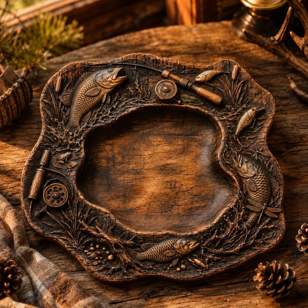 Rustic Fishing Platter STL with Bass, Reel and Tackle Relief bas-relief STL — view 6