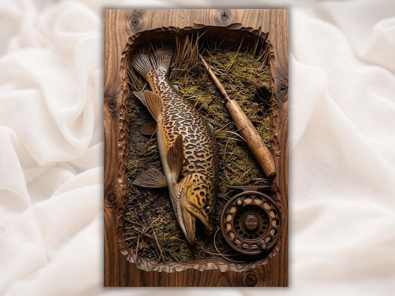 Bas-relief carving of a spotted brown trout with a fly rod handle and reel on riverbank grass