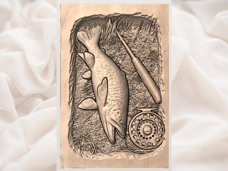 Brown Trout and Fly Rod Bas-Relief STL for CNC Carving bas-relief STL — view 2