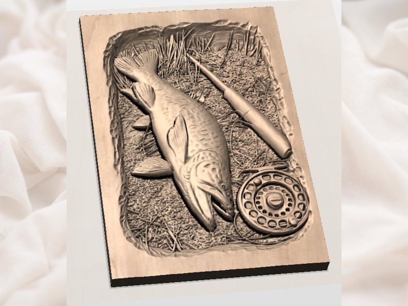 Brown Trout and Fly Rod Bas-Relief STL for CNC Carving bas-relief STL — view 3