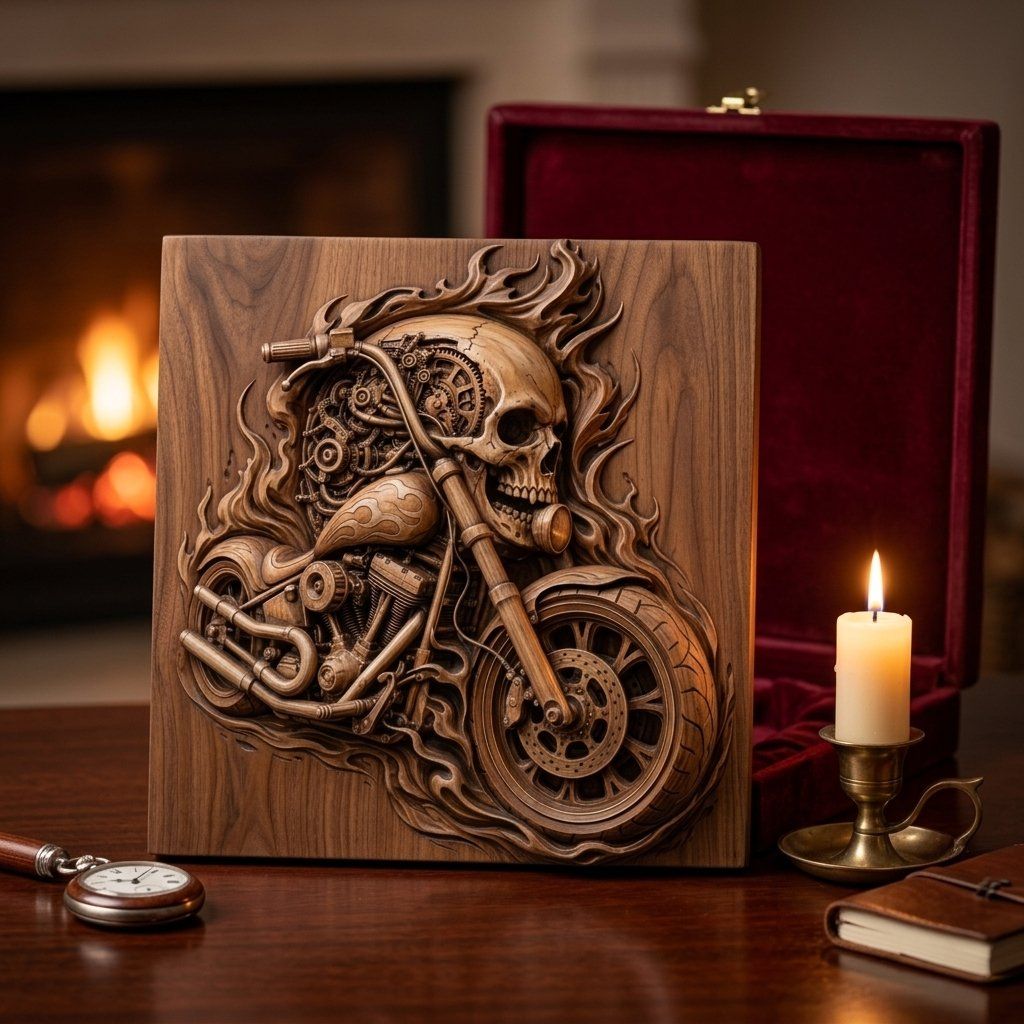 Flaming Mechanical Skull Chopper Wall Art bas-relief STL — view 10