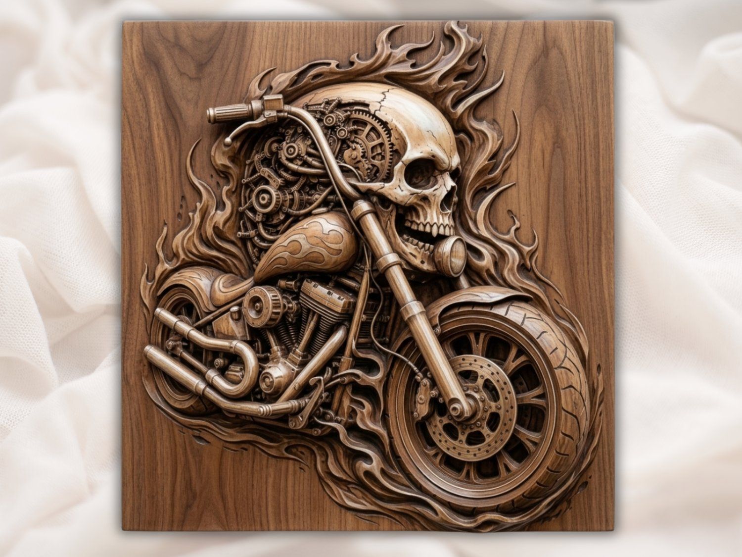 Flaming Mechanical Skull Chopper Wall Art bas-relief STL — view 2