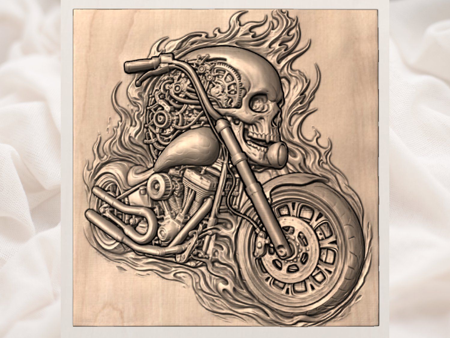 Flaming Mechanical Skull Chopper Wall Art bas-relief STL — view 3