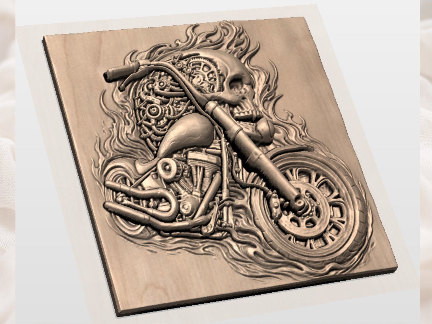 Flaming Mechanical Skull Chopper Wall Art bas-relief STL — view 4