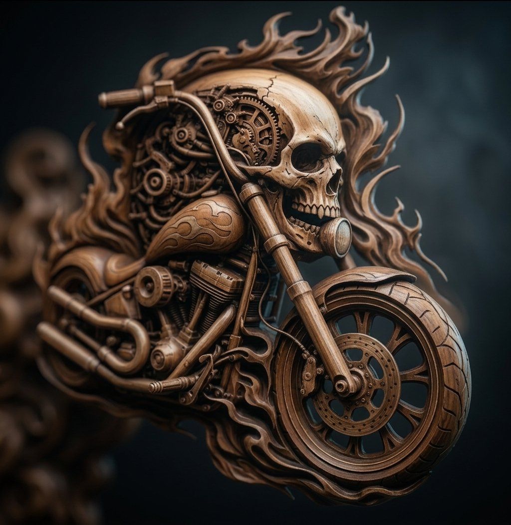 Flaming Mechanical Skull Chopper Wall Art bas-relief STL — view 6
