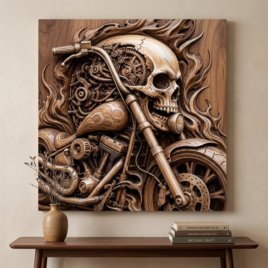 Flaming Mechanical Skull Chopper Wall Art bas-relief STL — view 7