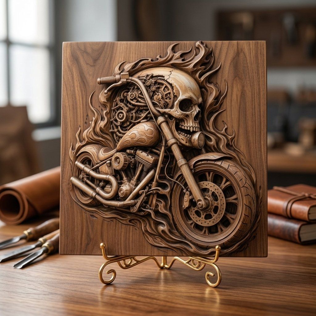 Flaming Mechanical Skull Chopper Wall Art bas-relief STL — view 8