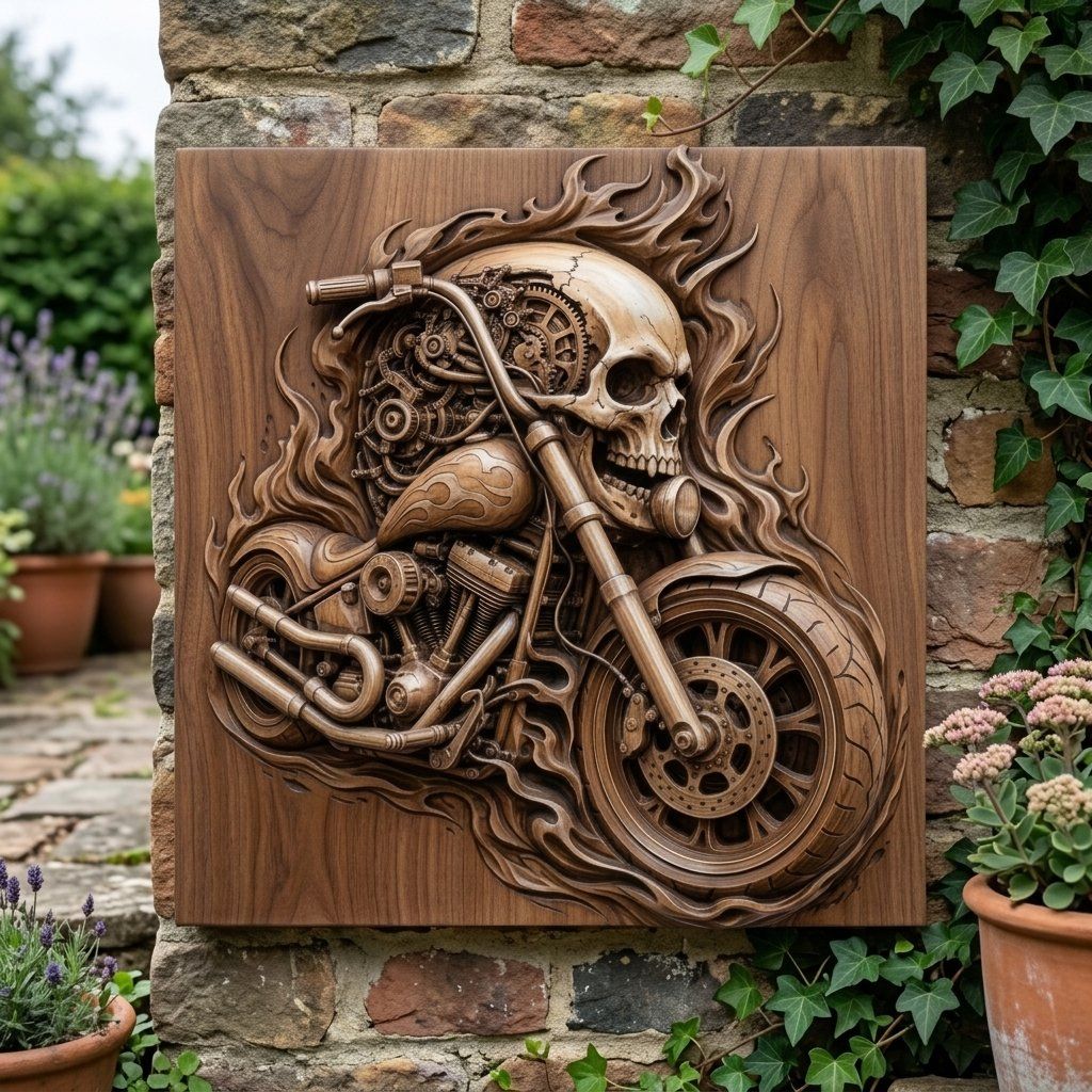 Flaming Mechanical Skull Chopper Wall Art bas-relief STL — view 9