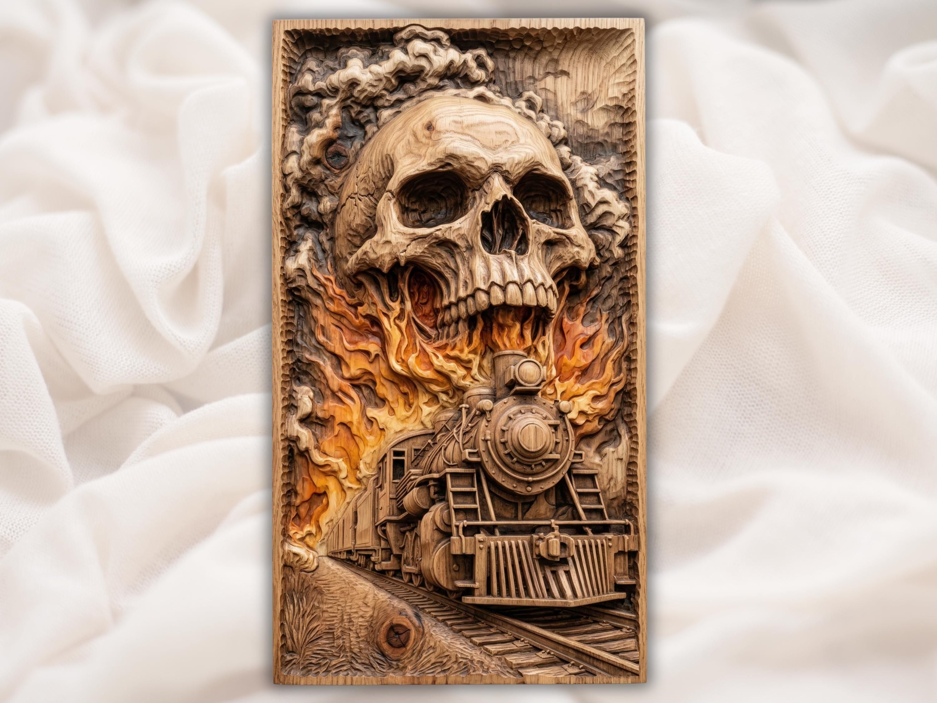 Wood bas relief carving of a flaming skull above a steam locomotive charging down train tracks